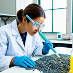 A professional female scientist, fully clothed in a modest lab coat and safety goggles, meticulously examines a sample of recycled plastic pellets in a modern, brightly lit chemical laboratory. Advanced scientific equipment and molecular models are visible in the clean background. The scene emphasizes innovation and the transformation of waste into valuable resources.