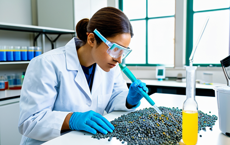 A professional female scientist, fully clothed in a modest lab coat and safety goggles, meticulously examines a sample of recycled plastic pellets in a modern, brightly lit chemical laboratory. Advanced scientific equipment and molecular models are visible in the clean background. The scene emphasizes innovation and the transformation of waste into valuable resources.