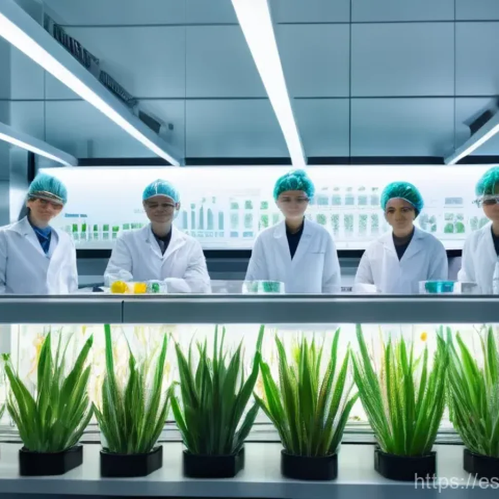 대체 플라스틱 소재의 특허 동향 - A brightly lit, futuristic laboratory with an ethereal, glowing central display showcasing a transpa...