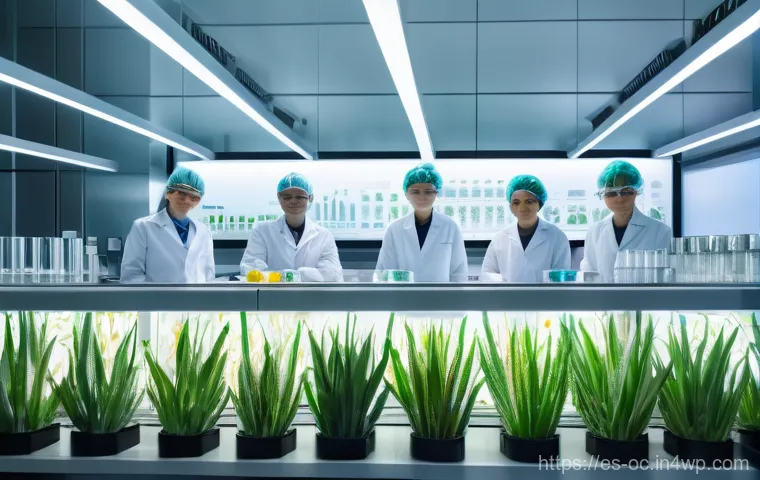대체 플라스틱 소재의 특허 동향 - A brightly lit, futuristic laboratory with an ethereal, glowing central display showcasing a transpa...