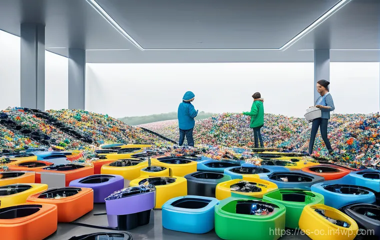 대체 플라스틱 소재의 특허 동향 - A brightly lit, futuristic laboratory with an ethereal, glowing central display showcasing a transpa...