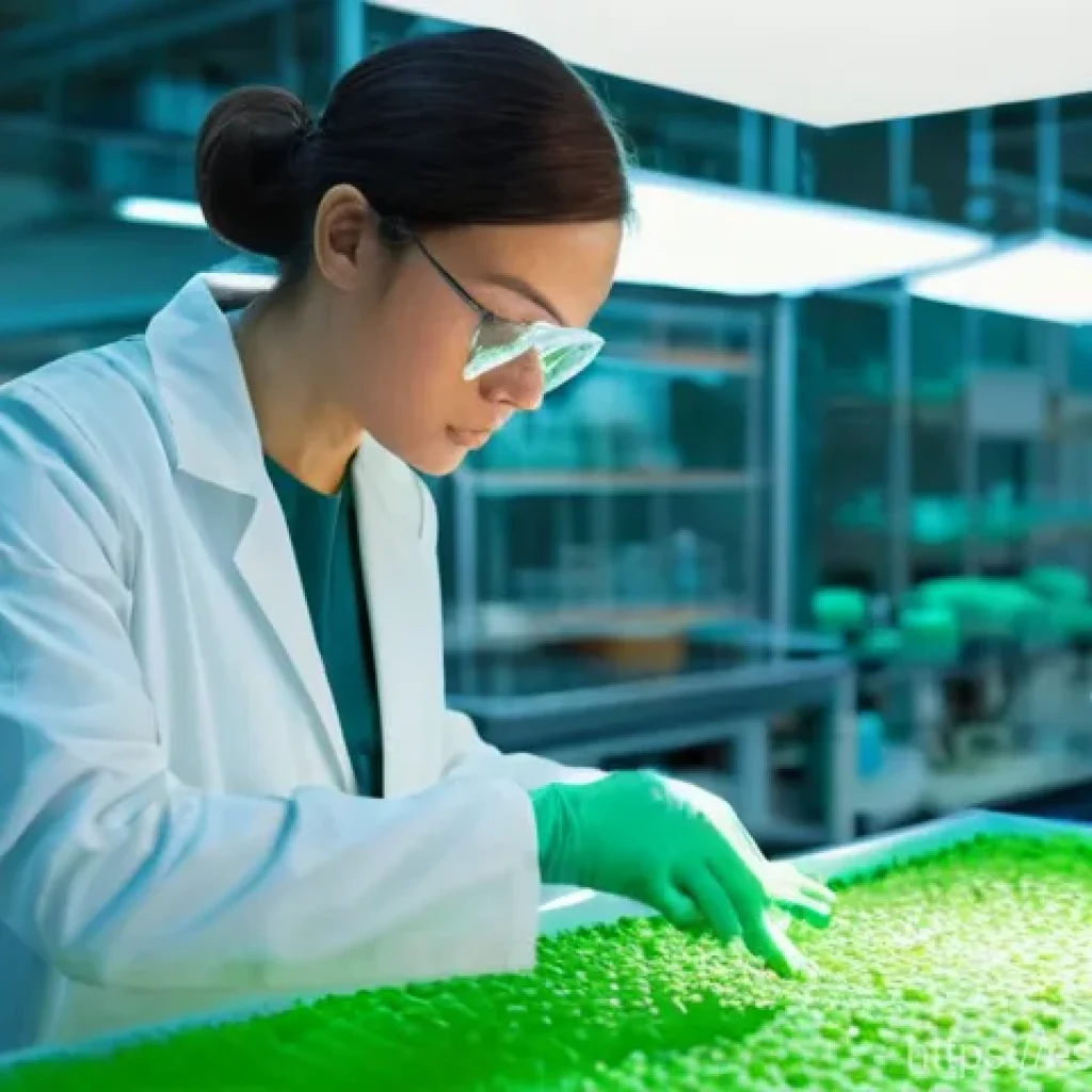 대체 플라스틱 소재의 과학적 연구 - **Prompt 1: "The Dawn of Bioplastic Innovation"**
A wide shot of a modern, clean, and brightly l...