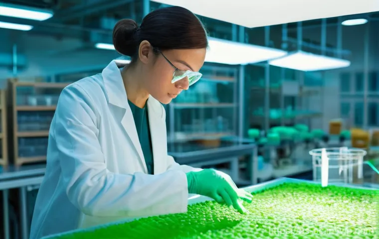 대체 플라스틱 소재의 과학적 연구 - **Prompt 1: "The Dawn of Bioplastic Innovation"**
A wide shot of a modern, clean, and brightly l...