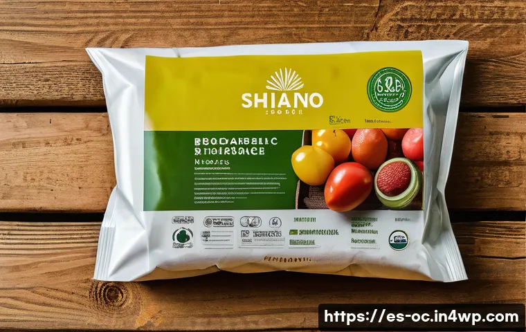 대체 플라스틱 소재의 실험적 연구 - A vibrant close-up of biodegradable bioplastic packaging made from corn starch, displayed on a rusti...