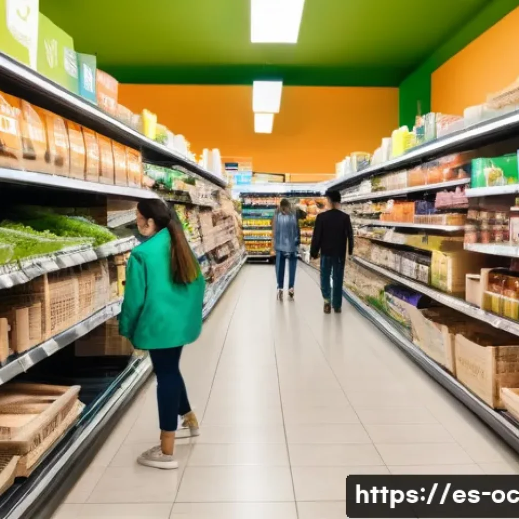 대체 플라스틱 소재와 탄소 중립 - A vibrant supermarket aisle in a modern Spanish city, shelves filled with eco-friendly products pack...
