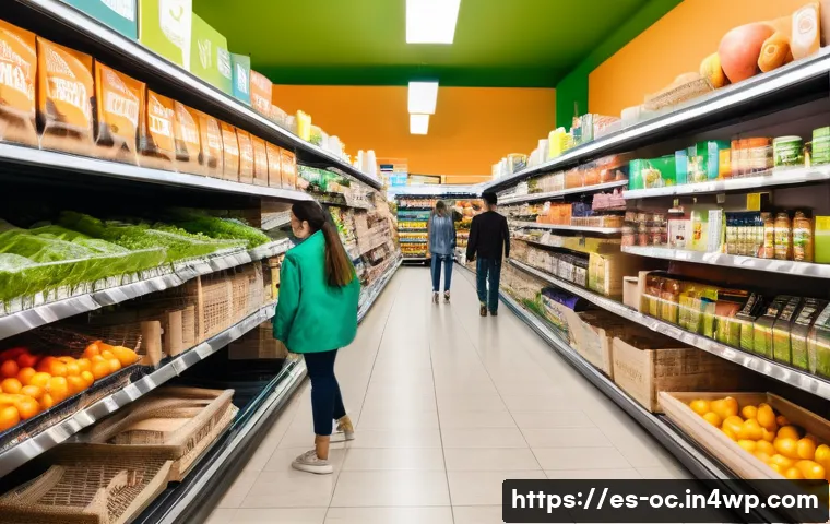 대체 플라스틱 소재와 탄소 중립 - A vibrant supermarket aisle in a modern Spanish city, shelves filled with eco-friendly products pack...