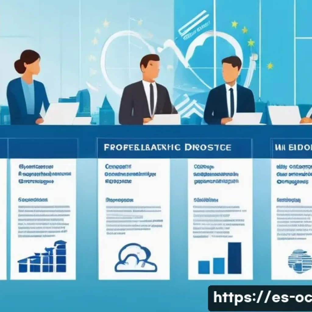 대체 플라스틱 소재의 법적 규제 현황 - A detailed infographic-style scene showing the European Union headquarters with large banners displa...