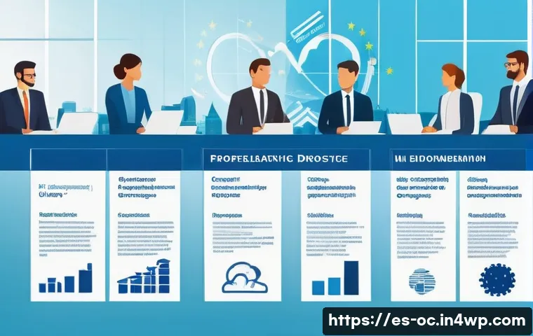 대체 플라스틱 소재의 법적 규제 현황 - A detailed infographic-style scene showing the European Union headquarters with large banners displa...