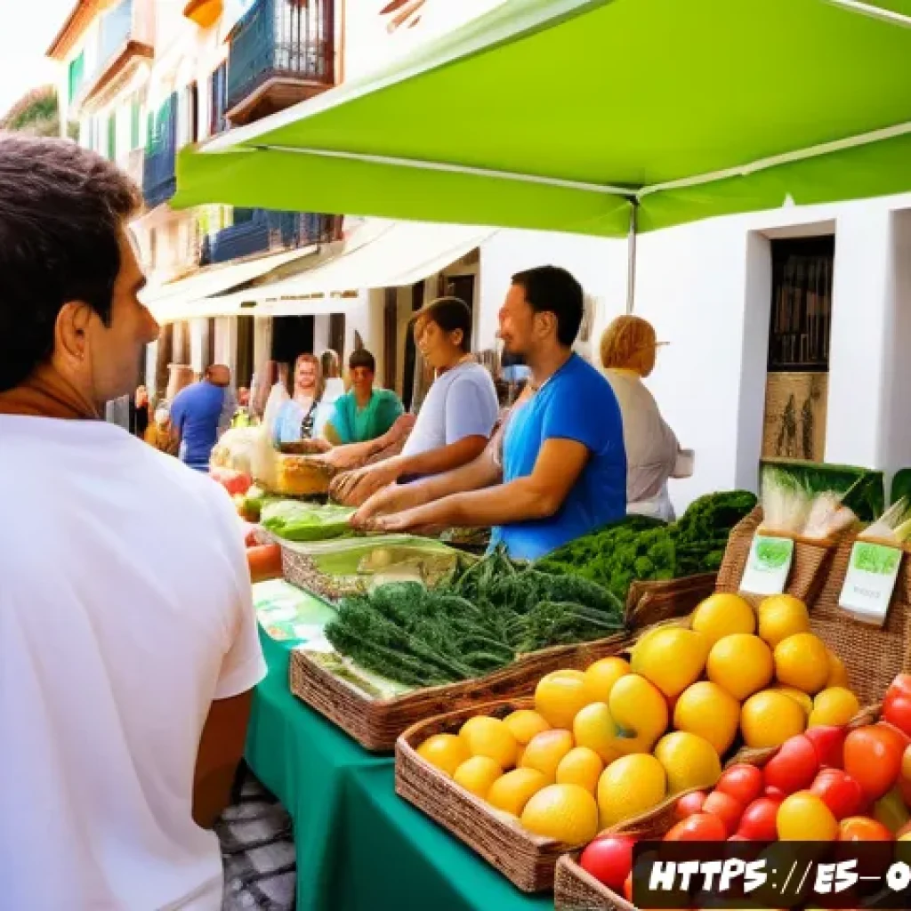대체 플라스틱 소재의 기술 발전 - A vibrant market scene in a Spanish town showcasing biodegradable plastic products made from biopoly...