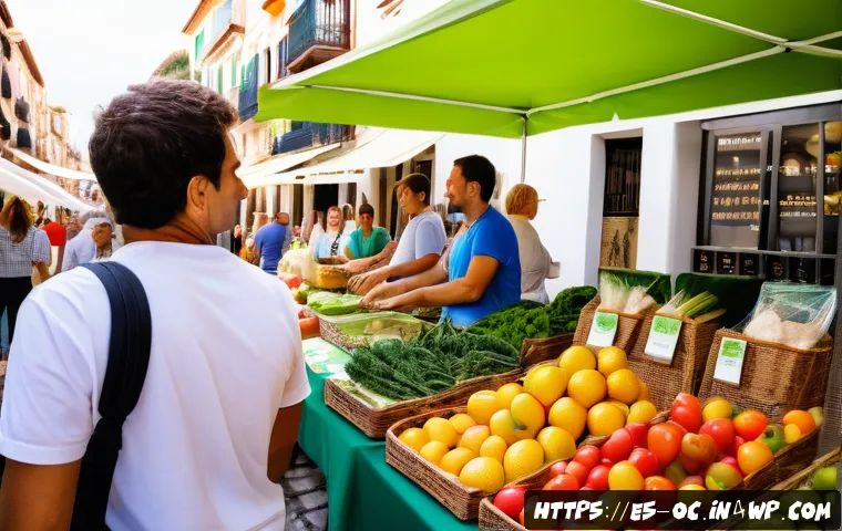 대체 플라스틱 소재의 기술 발전 - A vibrant market scene in a Spanish town showcasing biodegradable plastic products made from biopoly...
