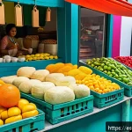 Home 22 대체 플라스틱 소재의 응용 가능성 - A vibrant outdoor market scene in Mexico City showcasing biodegradable packaging made from corn star...