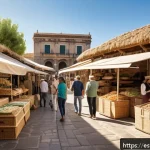Home 21 대체 플라스틱 소재의 환경적 장점 - A vibrant, eco-friendly marketplace in a Spanish town featuring stalls with biodegradable packaging ...