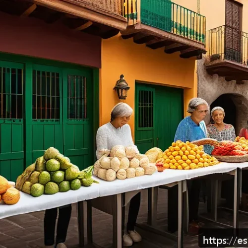 Home 32 대체 플라스틱 소재의 시장 경쟁력 - A vibrant Spanish local market scene showcasing a variety of sustainable packaging made from biodegr...