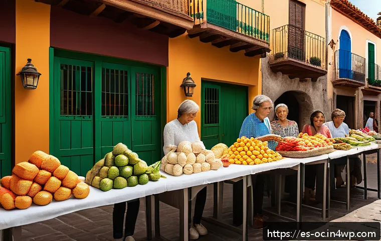 대체 플라스틱 소재의 시장 경쟁력 - A vibrant Spanish local market scene showcasing a variety of sustainable packaging made from biodegr...