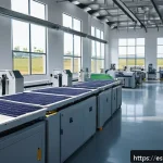 Home 18 대체 플라스틱 소재와 전자제품 - A high-tech sustainable electronics manufacturing scene set in a modern factory in Spain, featuring ...
