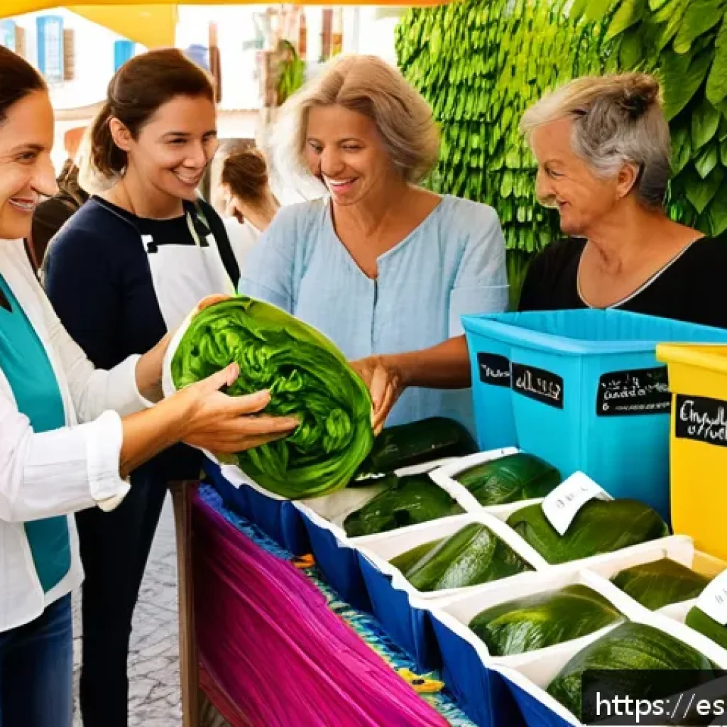 대체 플라스틱 소재의 연구개발 동향 - A vibrant, eco-friendly marketplace scene in a sunny Spanish coastal town, showcasing various biodeg...