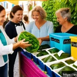 Home 23 대체 플라스틱 소재의 연구개발 동향 - A vibrant, eco-friendly marketplace scene in a sunny Spanish coastal town, showcasing various biodeg...