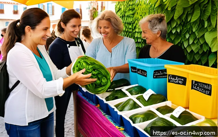 대체 플라스틱 소재의 연구개발 동향 - A vibrant, eco-friendly marketplace scene in a sunny Spanish coastal town, showcasing various biodeg...